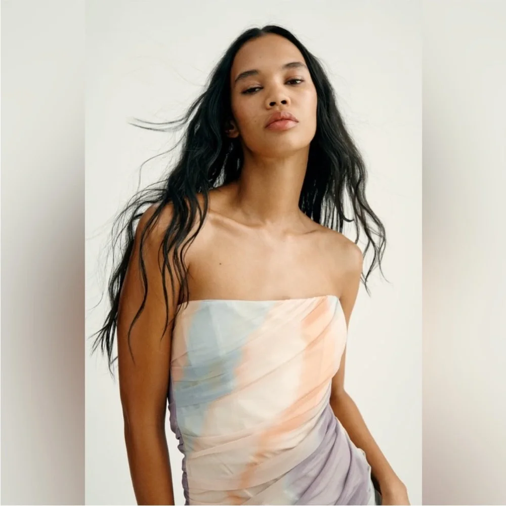 ZARA WOMAN NWT SS23 STRAPLESS PRINTED TULLE DRESS 7753/418 285/015 - Picture 6 of 9
